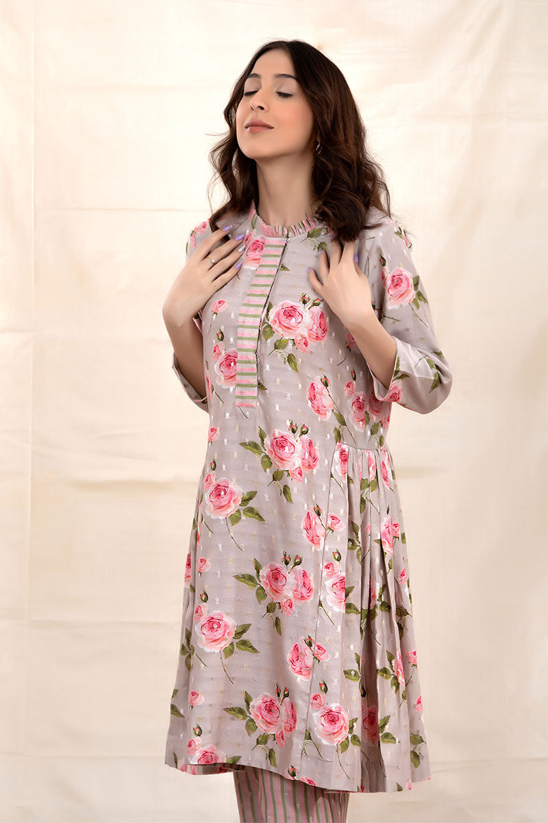 Pastel Grey Floral Printed Chanderi Silk Kurta Set - Chinaya Banaras