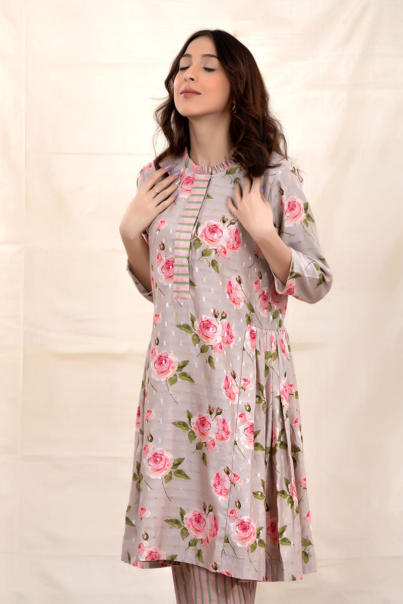 Pastel Grey Floral Printed Chanderi Silk Kurta Set