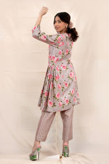 Pastel Grey Floral Printed Chanderi Silk Kurta Set