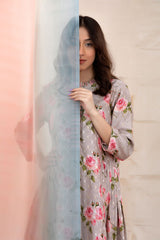 Pastel Grey Floral Printed Chanderi Silk Kurta Set
