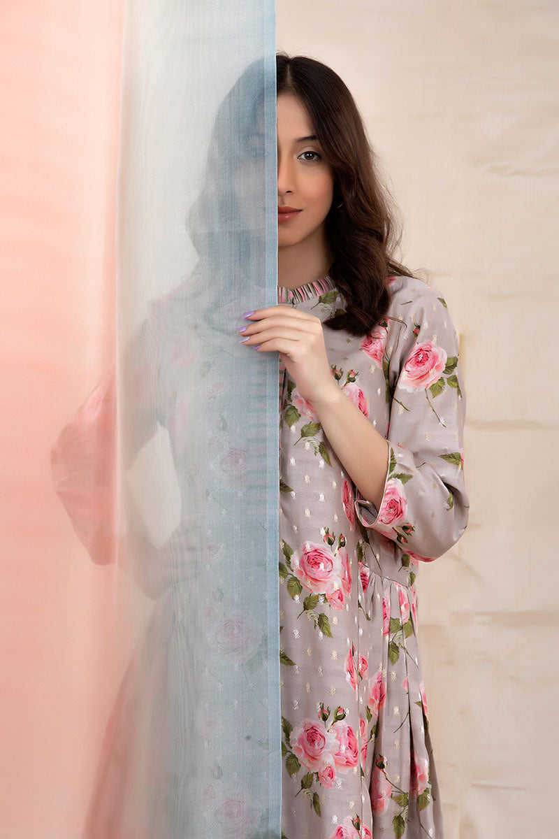 Pastel Grey Floral Printed Chanderi Silk Kurta Set
