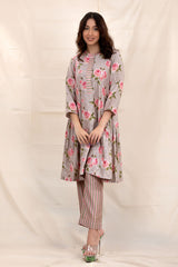 Pastel Grey Floral Printed Chanderi Silk Kurta Set