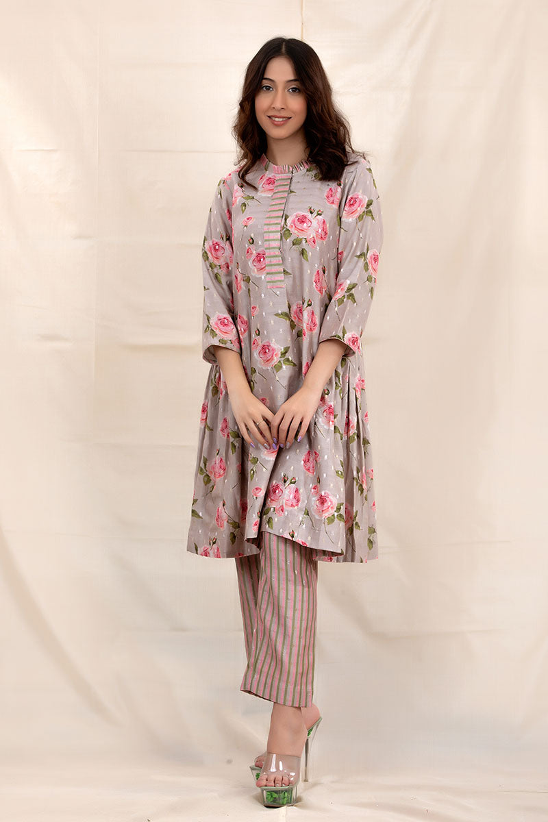 Pastel Grey Floral Printed Chanderi Silk Kurta Set - Chinaya Banaras