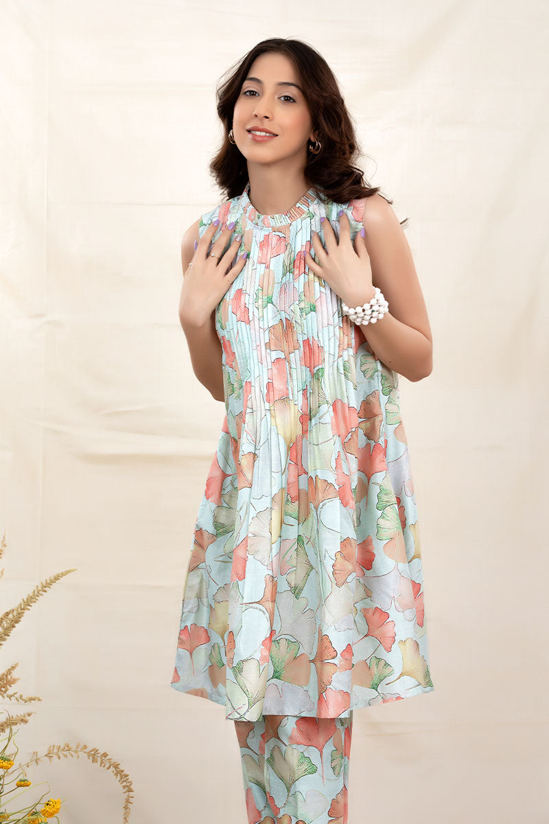 Blue Floral Printed Chanderi Silk Co-ord Kurta Set
