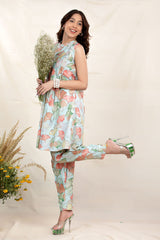 Blue Floral Printed Chanderi Silk Co-ord Kurta Set