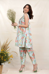 Blue Floral Printed Chanderi Silk Co-ord Kurta Set