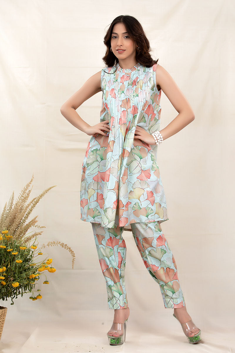 Women in Blue Floral Printed Chanderi Silk Co-ord Kurta Set at Chinaya banaras