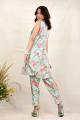 Blue Floral Printed Chanderi Silk Co-ord Kurta Set