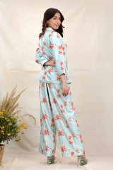 Baby Blue Floral Printed Chanderi Silk Co-ord Set