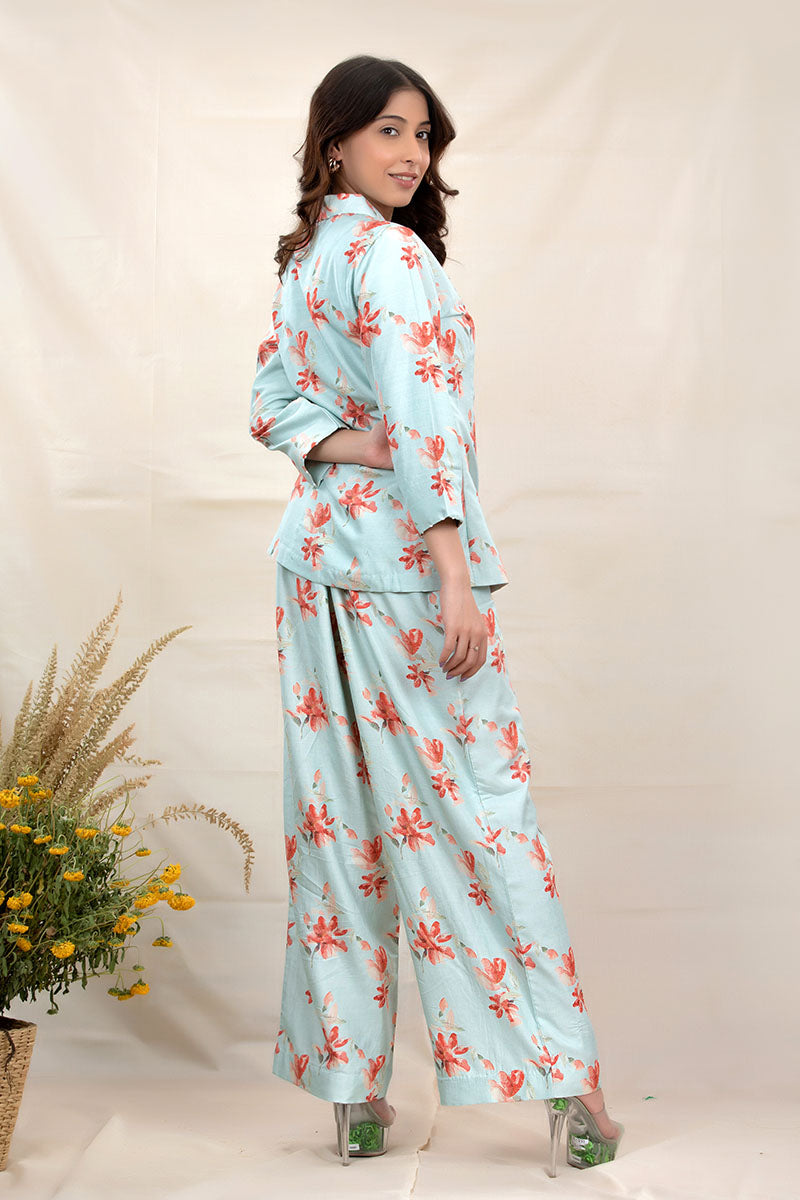 Baby Blue Floral Printed Chanderi Silk Co-ord Set