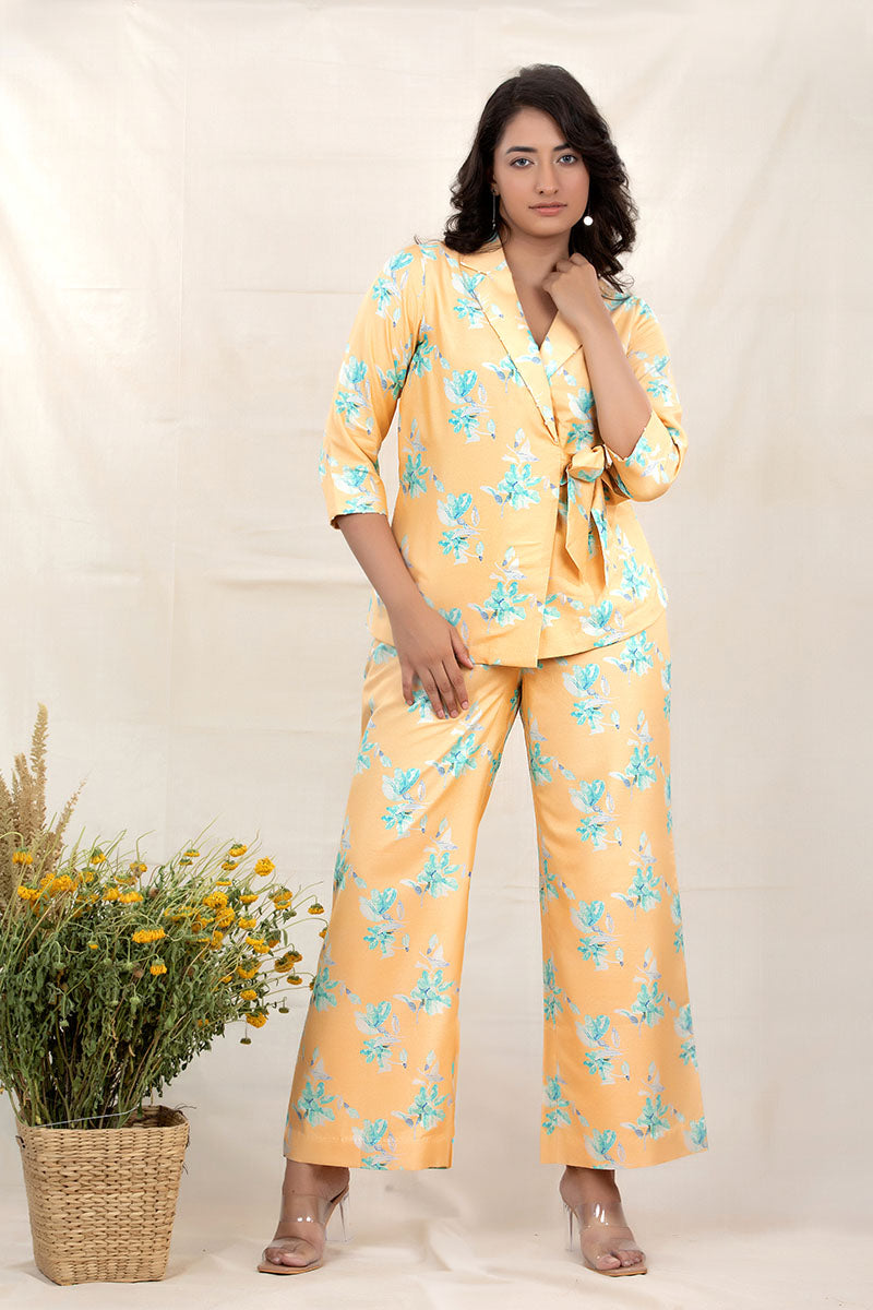 Women In Daisey Yellow Floral Printed Chanderi Silk Co-Ord Set at Chinaya Banaras 