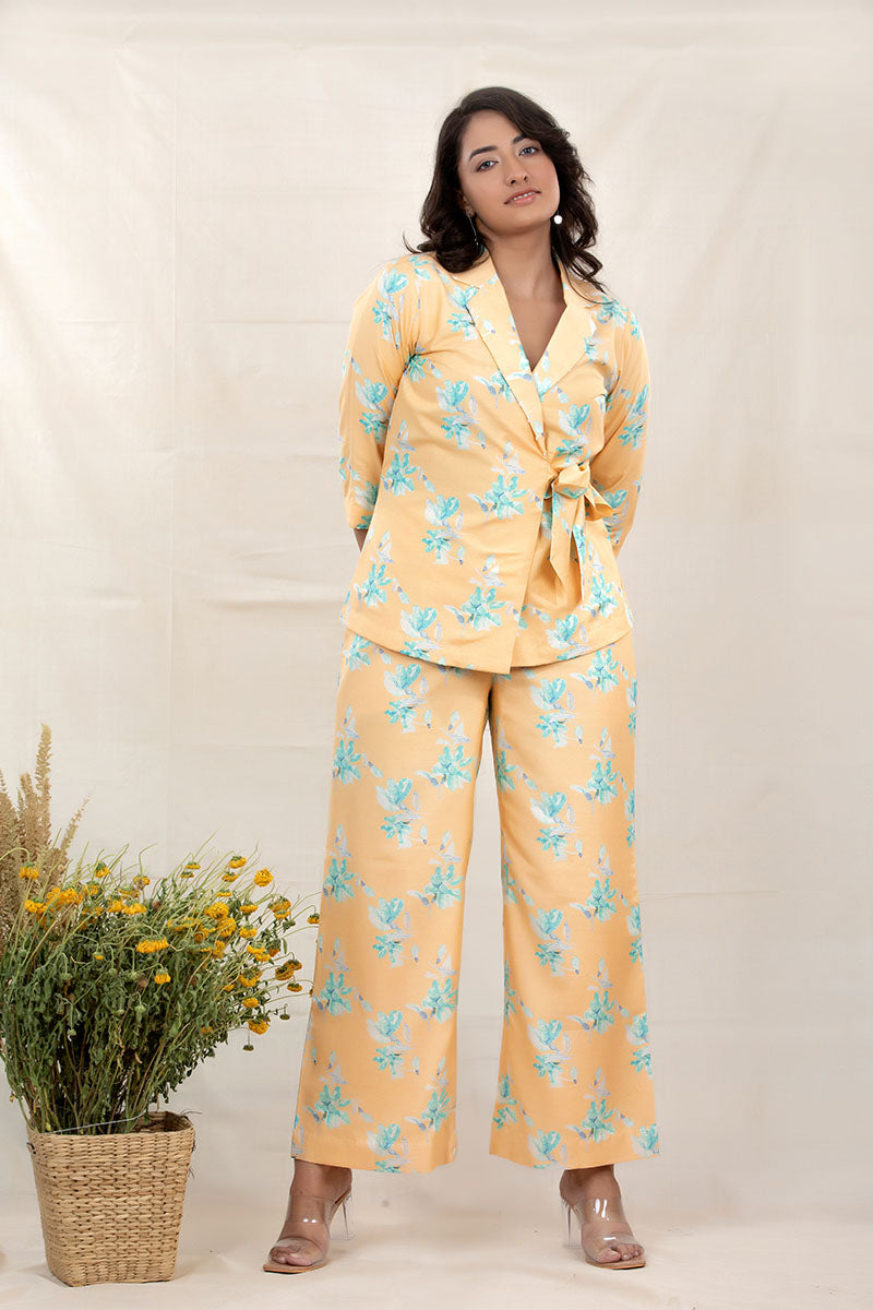 Daisey Yellow Floral Printed Chanderi Silk Co-Ord Set