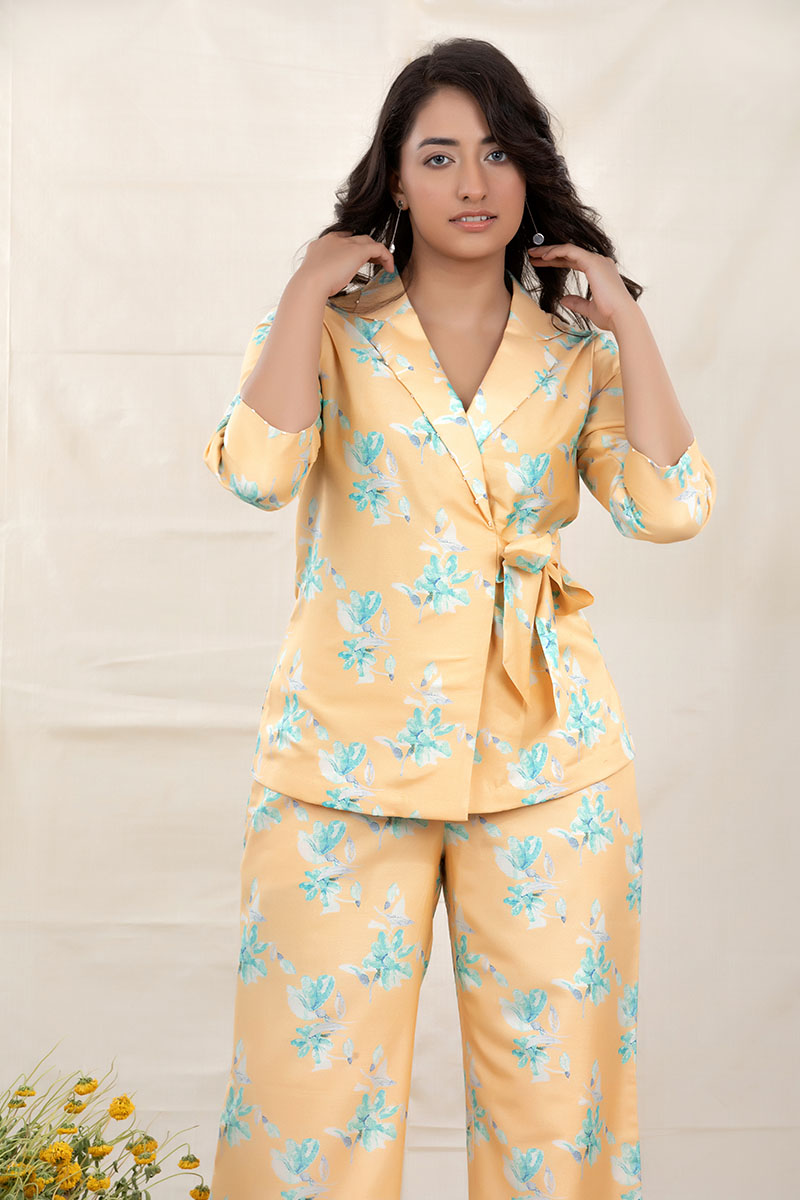 Daisey Yellow Floral Printed Chanderi Silk Co-Ord Set