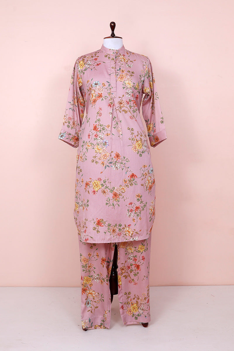Mauve Floral Printed Cotton Co-Ord Kurta Set
