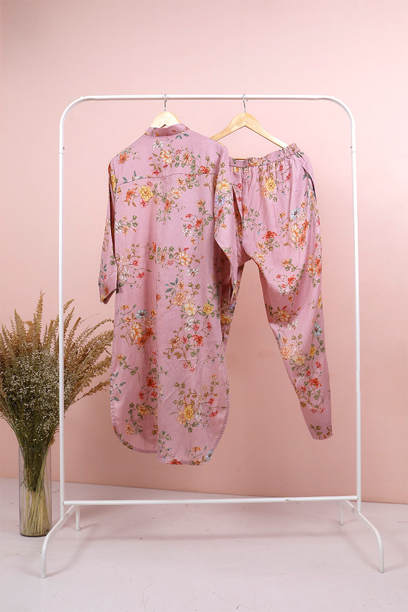 Mauve Floral Printed Cotton Co-Ord Kurta Set