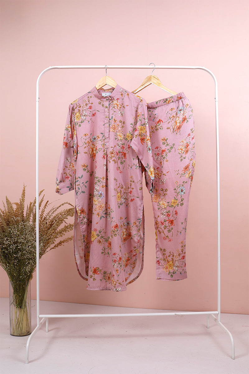 Mauve Floral Printed Cotton Co-Ord Kurta Set  By  Chinaya Banaras 