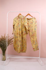 Light Mustard Yellow Floral Printed Cotton Co-Ord Set  By Chinaya Banaras 