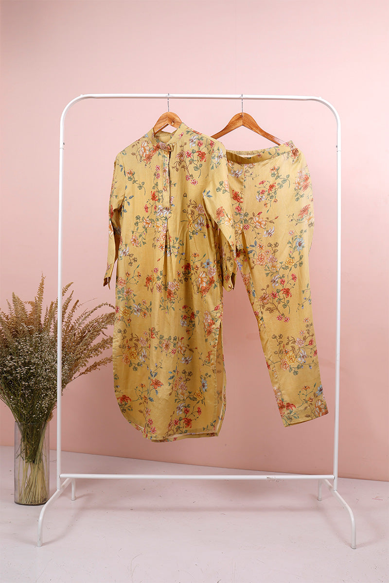 Light Mustard Yellow Floral Printed Cotton Co-Ord Set  By Chinaya Banaras 