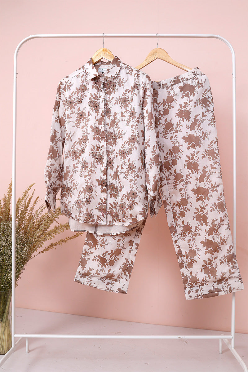 White & Cocoa Embellished Chanderi Silk Co-Ord Set BY Chinaya Banaras 