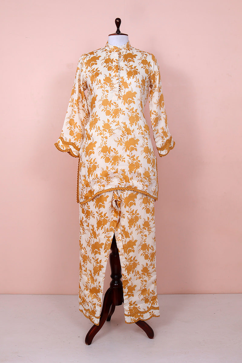 White & Brown Floral Printed Chanderi Silk Co-Ord Set By Chinaya Banaras 