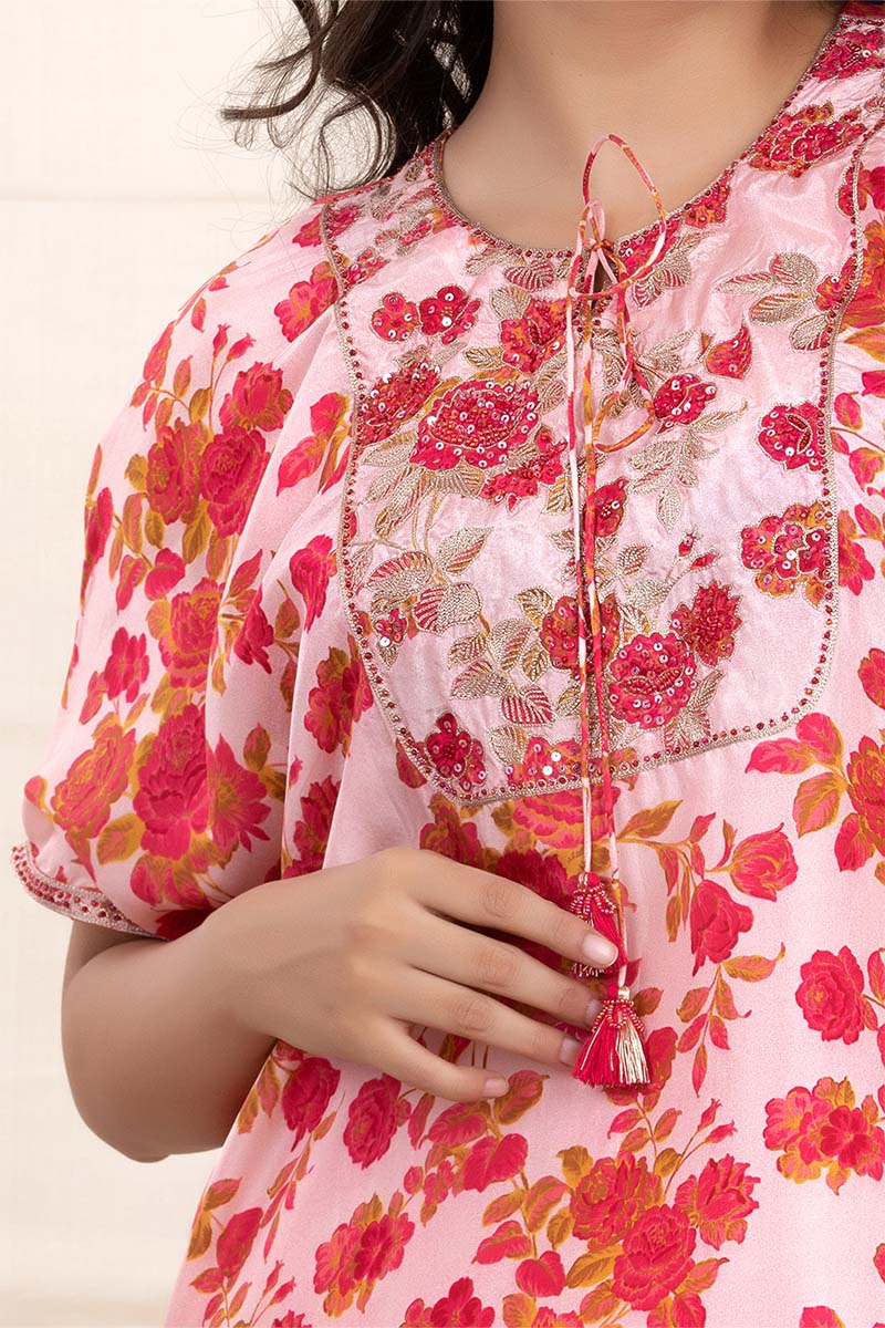 Brick Pink Floral Printed Embellished Silk Kurta Set - Chinaya Banaras