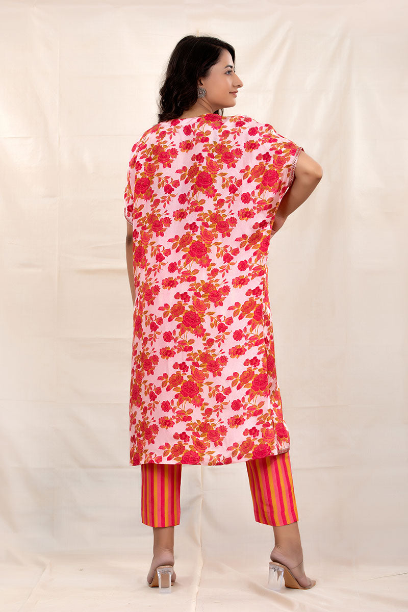 Brick Pink Floral Printed Embellished Silk Kurta Set
