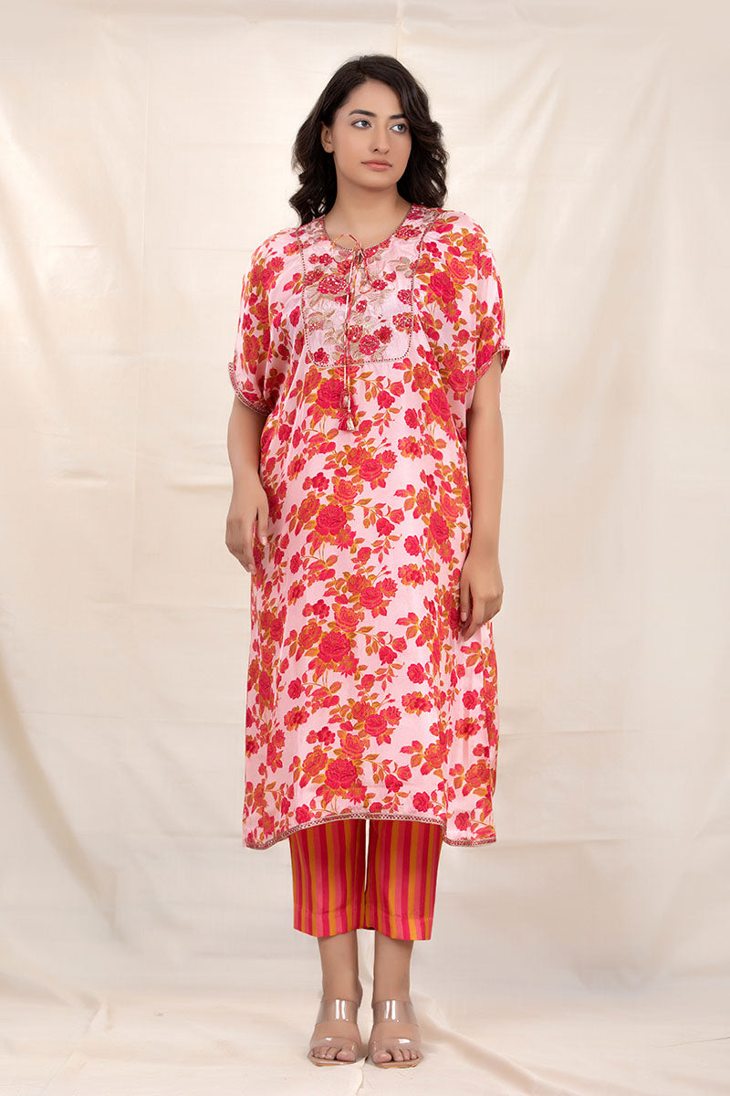 Brick Pink Floral Printed Embellished Silk Kurta Set