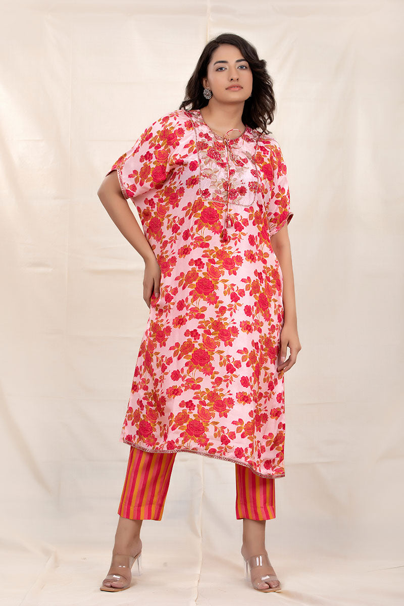 Brick Pink Floral Printed Embellished Silk Kurta Set