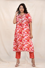 Brick Pink Floral Printed Embellished Silk Kurta Set