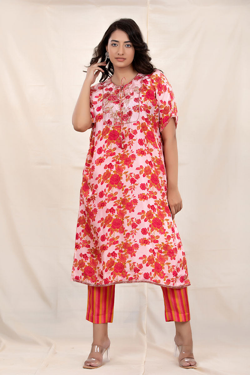 Brick Pink Floral Printed Embellished Silk Kurta Set - Chinaya Banaras