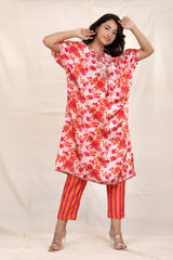 Brick Pink Floral Printed Embellished Silk Kurta Set