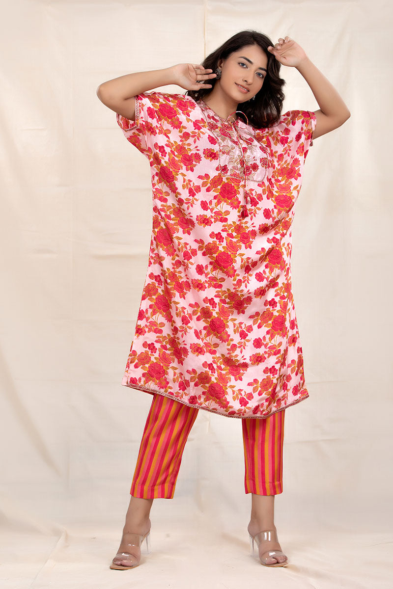 Brick Pink Floral Printed Embellished Silk Kurta Set