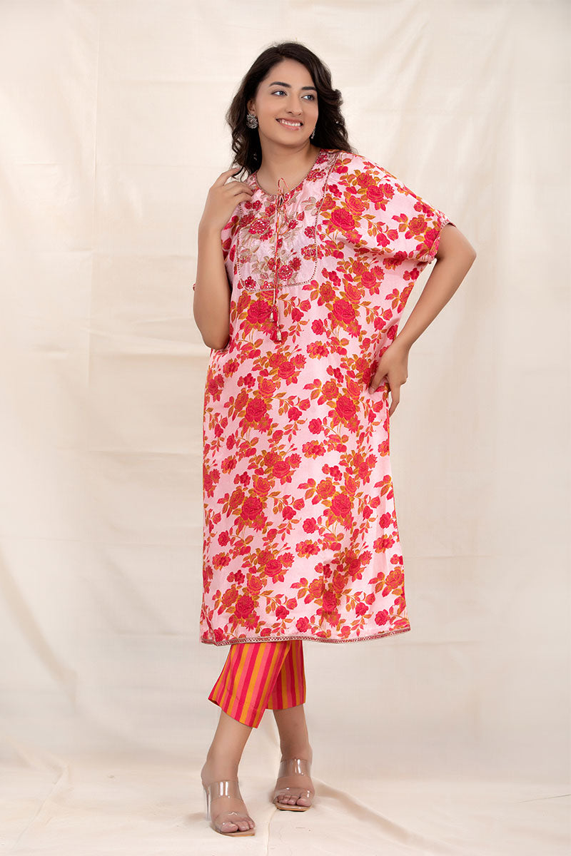 Women In Brick Pink Floral Printed Embellished Silk Kurta Set At Chinaya Banaras