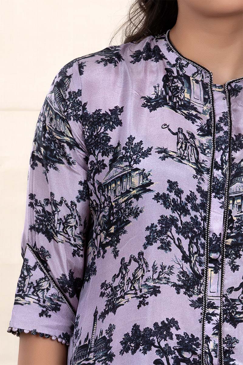 Grape Grey Floral Printed Tussar Silk Co-Ord Set