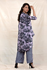 Grape Grey Floral Printed Tussar Silk Co-Ord Set - Chinaya Banaras