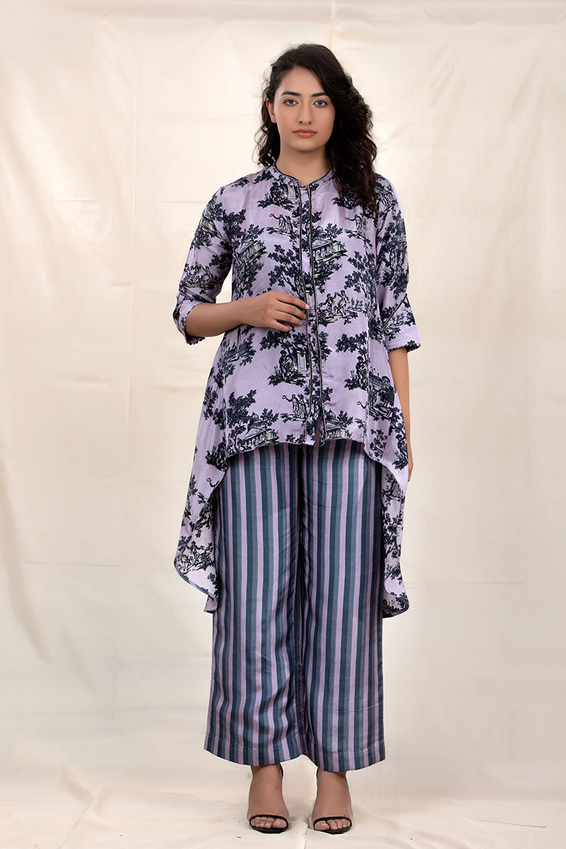 Women in Grape Grey Printed Tussar Silk Co-Ord Set at Chinaya Banaras 