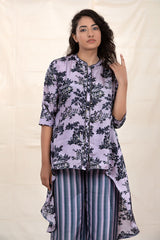 Grape Grey Floral Printed Tussar Silk Co-Ord Set - Chinaya Banaras