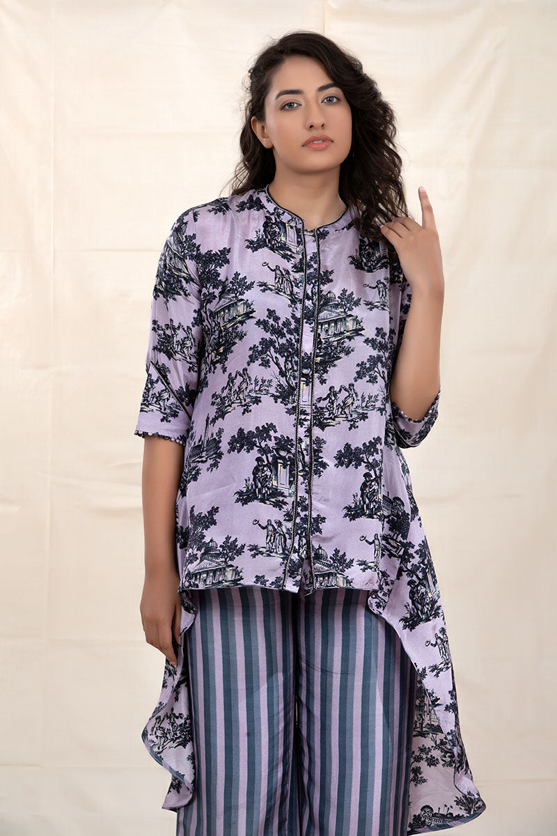 Grape Grey Floral Printed Tussar Silk Co-Ord Set