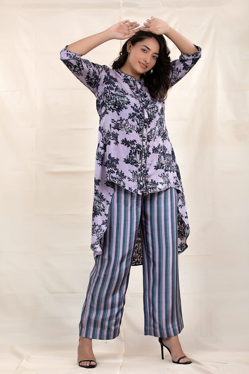Grape Grey Floral Printed Tussar Silk Co-Ord Set