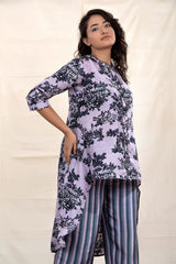 Grape Grey Floral Printed Tussar Silk Co-Ord Set - Chinaya Banaras
