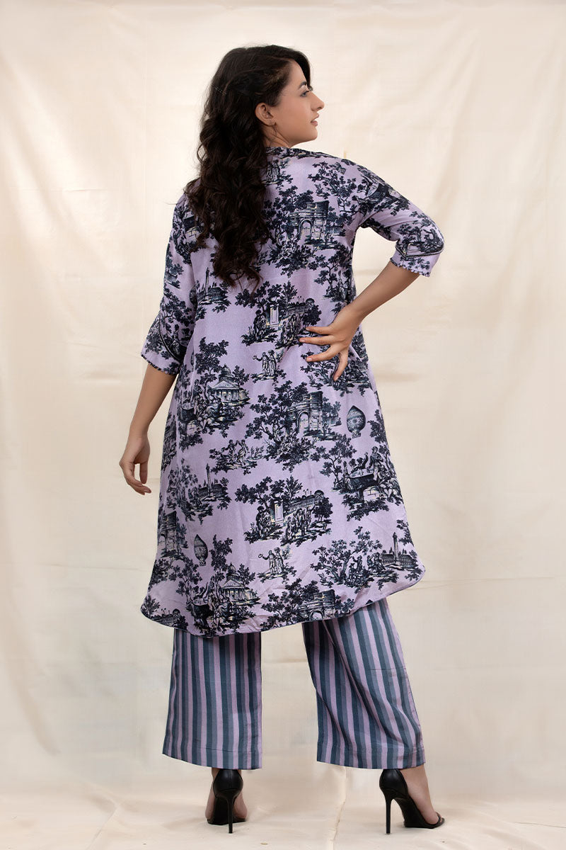 Grape Grey Floral Printed Tussar Silk Co-Ord Set