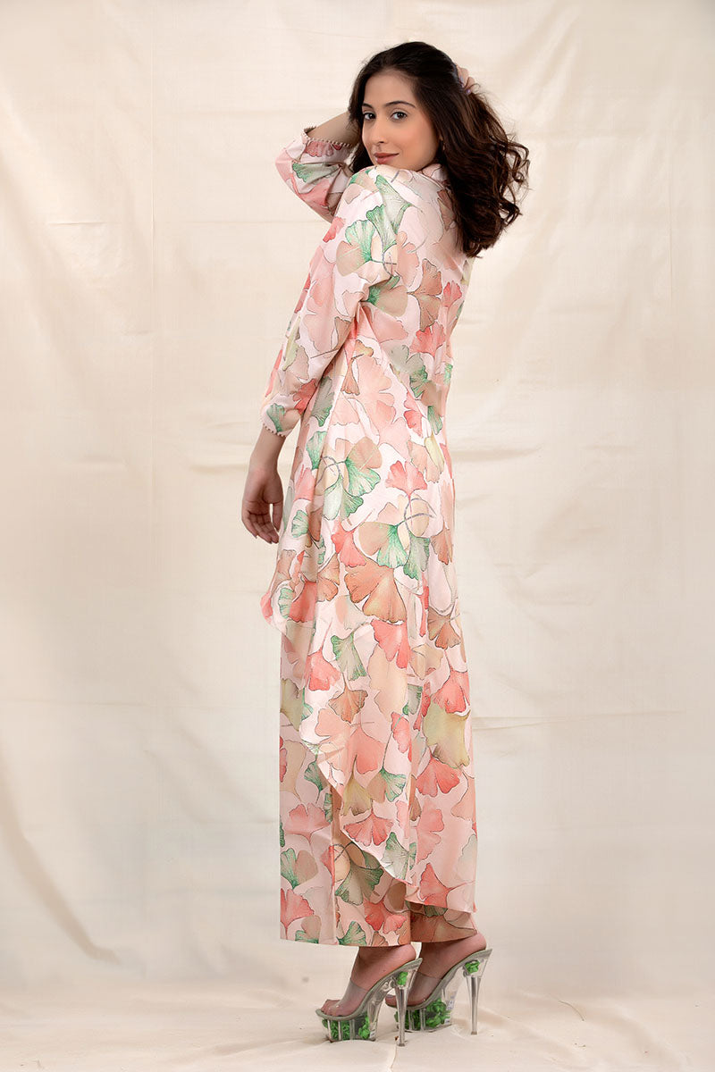 Rose Gold Floral Printed Chiniya Silk Co-Ord Kurta Set