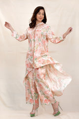 Rose Gold Floral Printed Chiniya Silk Co-Ord Kurta Set - Chinaya Banaras