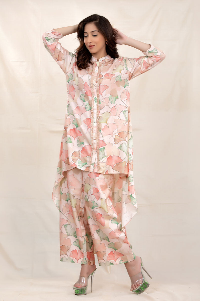 Rose Gold Floral Printed Chiniya Silk Co-Ord Kurta Set - Chinaya Banaras