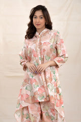 Rose Gold Floral Printed Chiniya Silk Co-Ord Kurta Set