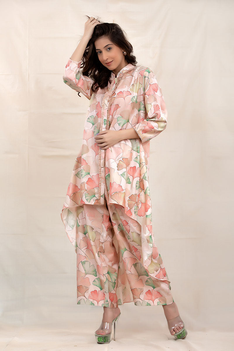 Rose Gold Floral Printed Chiniya Silk Co-Ord Kurta Set - Chinaya Banaras