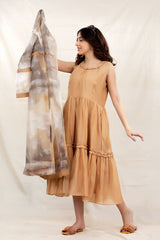 Golden Beige Flared Cotton Dress With Organza Shrug - Chinaya Banaras