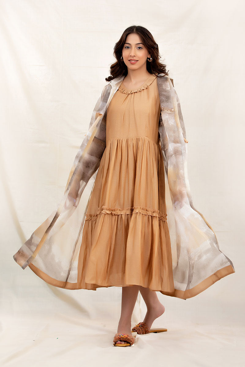 Women in Golden Beige Flared Cotton Dress With Organza Shrug at Chinaya Banaras 