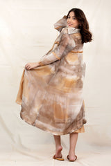 Golden Beige Flared Cotton Dress With Organza Shrug