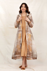 Golden Beige Flared Cotton Dress With Organza Shrug